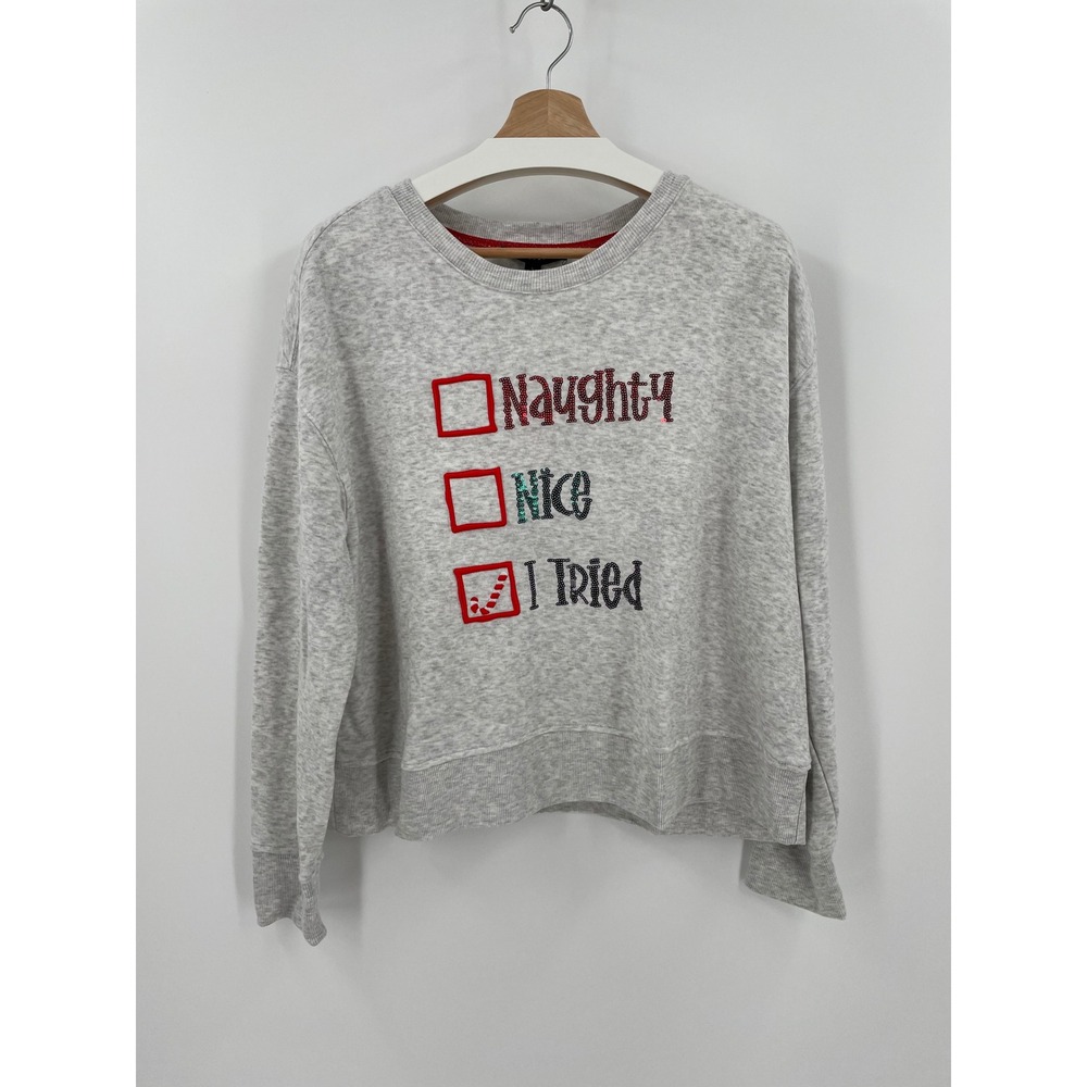 Jane Delancey Christmas Sweatshirt L Gray NWT Naughty Nice I Tried Graphic